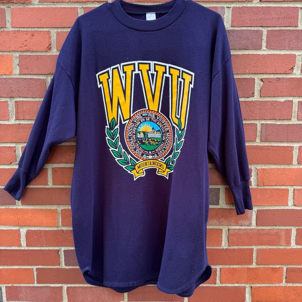 90s WVU Mountaineers knee length navy crewneck tunic sleep shirt 3/4 sleeve OS